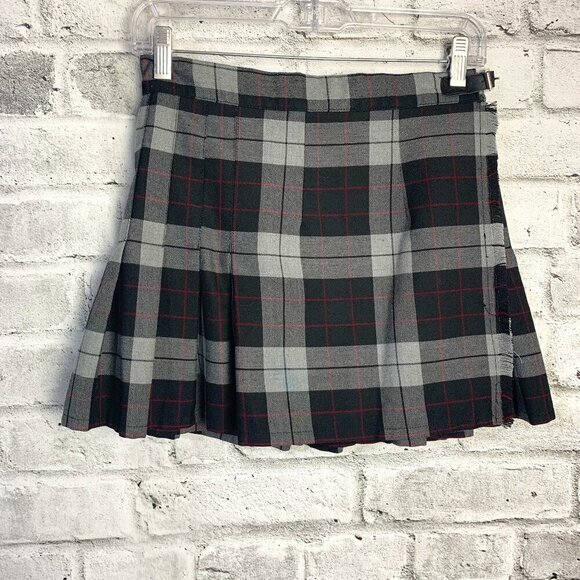 Vintage 90s Y2K Pleated Grey Black Plaid Wrap Mini Skirt - Picture 1 of 11